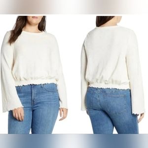 Madewell Top Smocked Textured Bell Sleeve Cream Knit Elastic Waist Top